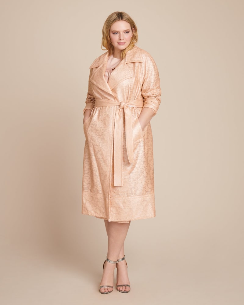 Front of a model wearing a size 12 Laminated Lace Trenchcoat in Blush Multi by Yigal Azrouël. | dia_product_style_image_id:226829